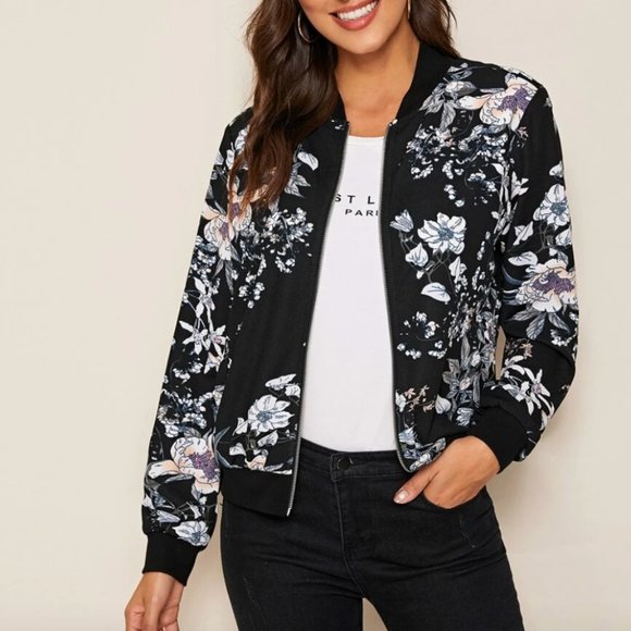 Jackets & Blazers - Black blue floral print zip up bomber jacket